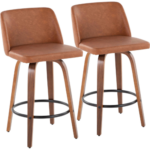 Toriano 26" Swivel Counter Stool in Walnut Wood & Camel Leatherette with Black Footrest (Set of 2)